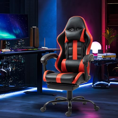 Massage Gaming Chair w/Footrest, Ergonomic High Back PC Chair w/Headrest and Lumbar, PU Swivel Home Desk Office Chair, Black