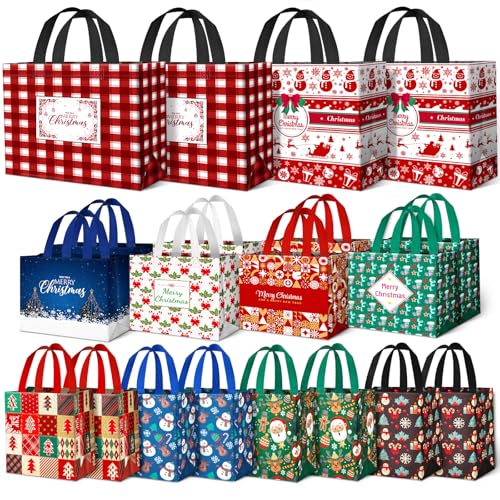 BlessedSeason 20 Pack Christmas Gift Bags Assorted Sizes, Reusable Tote Bag with Handle, Includes 4 Large 8 Medium 8 Small Goodie Bags for Her He