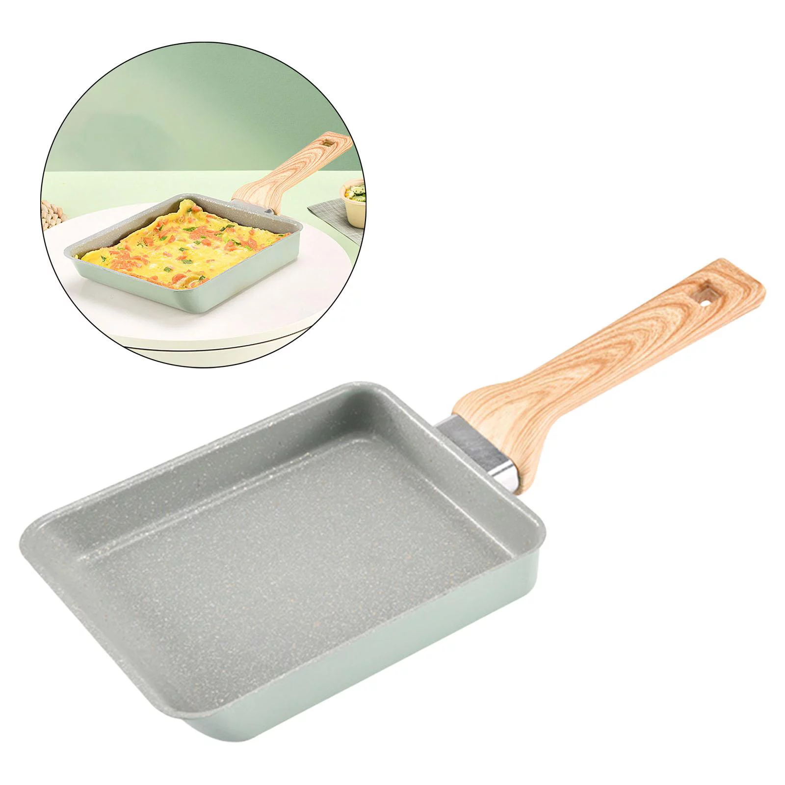 Japanese Omelette Scratch Bottom Non Stick Coating Rectangle Steak Skillet Handle Egg Tops , Green