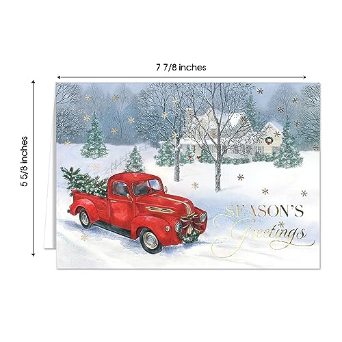 Masterpiece Holiday Greetings Trimmed In Scarlet Christmas Cards / 16 Boxed Snowy Cardinal Wreath Holiday Cards With Silver Foil Lined Envelopes / 5 5/8