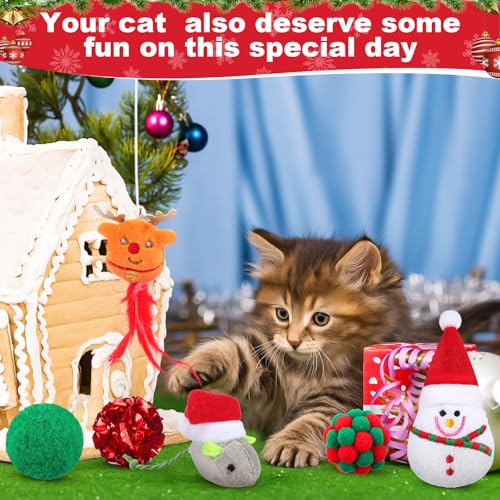 Soulchen 11pcs Christmas Cat Toys Stocking Gift Holiday Catnip Interactive Cats Toy Gift Set with Cat Teasers, Santa, Snowman, Plush Balls, Crinkle Mice, Variety Pack for Cats Pet Stocking Present
