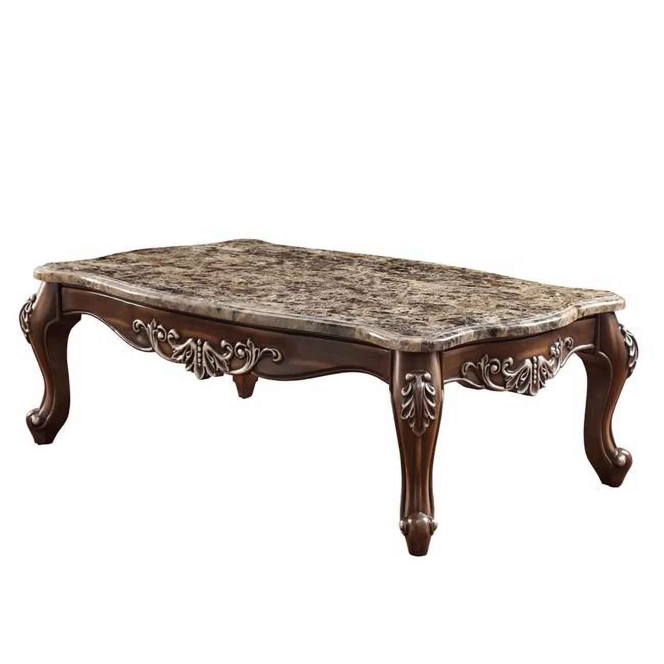 HomeRoots 486049 57 in. Antique Oak & Brown Marble Faux Marble Rectangular Coffee Table