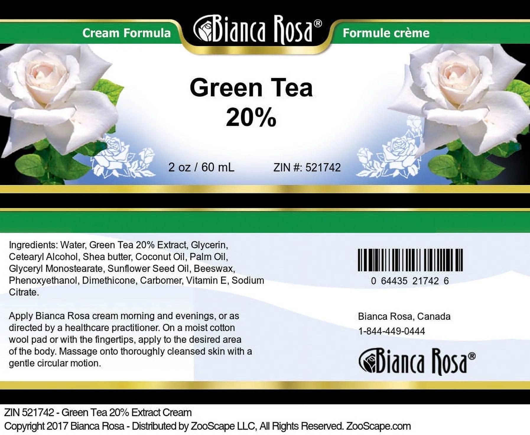 Bianca Rosa Green Tea 20% Hand and Body Cream, (, 2 oz, 1-Pack, Zin: 521742)