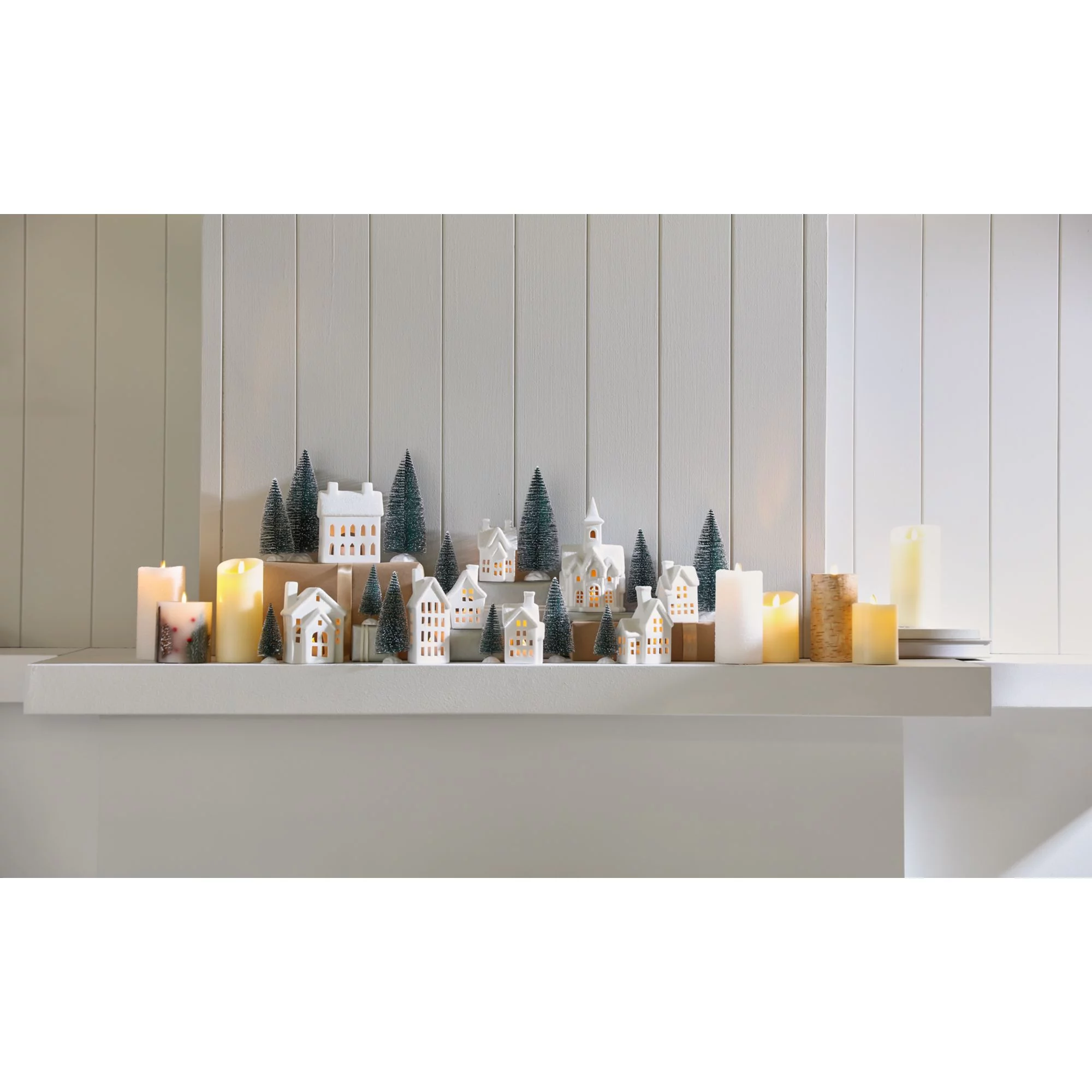 Bee & Willow 31-Piece LED Village Set with Timer Tea Lights in White/Green