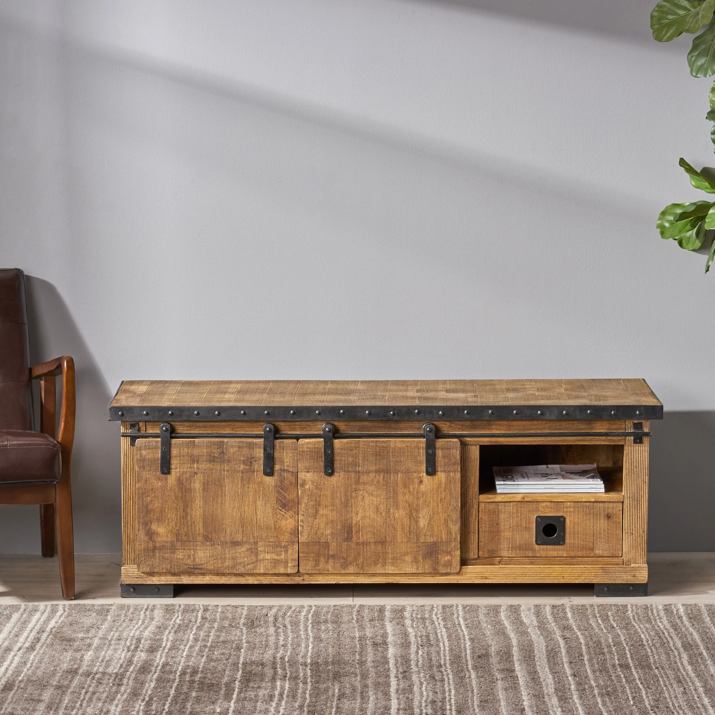 Noble House Zarnish Modern Industrial Mango Wood TV Stand, Natural and Black