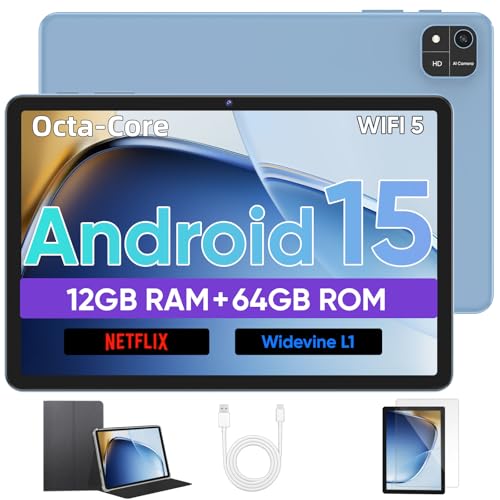 Android Tablet, 10 inch Android 15 Tablet with Octa-Core Processor, 12GB RAM 64GB ROM 2TB Expand, 1280x800 HD Touchscreen, GPS, WiFi 5, Dual Camera, BT5.0, 6000mAh, Widevine L1 (Black)