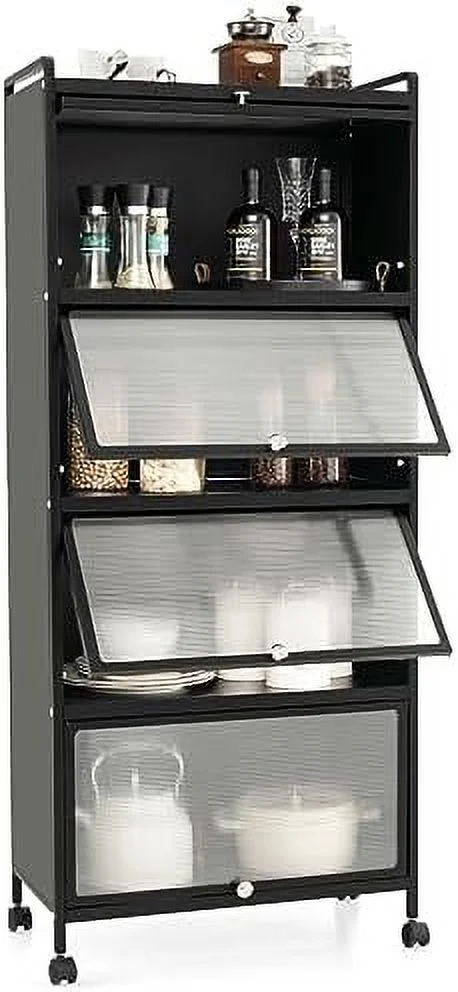 5-Tier Kitchen  Cabinet  Freestanding Baker\u2019s Rack with 4 Rolling Casters  Mobile Microwave Stand with Double Anti-toppling Device  for Dining Room  Living Room and Study  Black