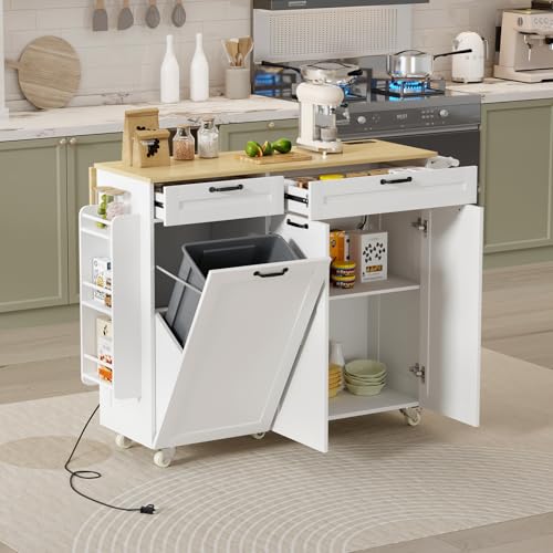 Rolling Kitchen Island with Power Outlet & Drop Leaf, Kitchen Island Cart with Trash Storage Cabinet,Kitchen Rolling Island with Spice Rack & Towel Rack, Knife Holder, Mobile Island Table for Kitchen