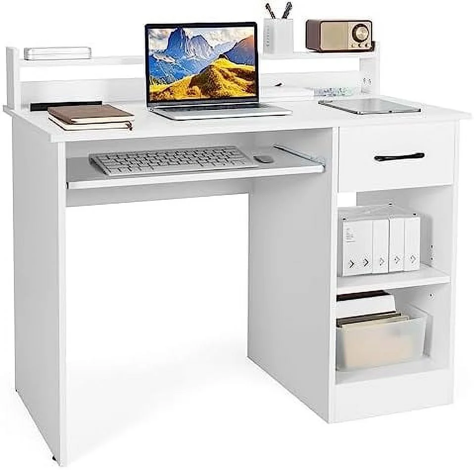 HJZBNONE White Computer Desk  Home Office Desk with Large Drawers  Hutch  Keyboard Tray  5-Position Adjustable Open Shelves  Easy Assembly  Writing Desk for Bedroom  Small Space  Living R