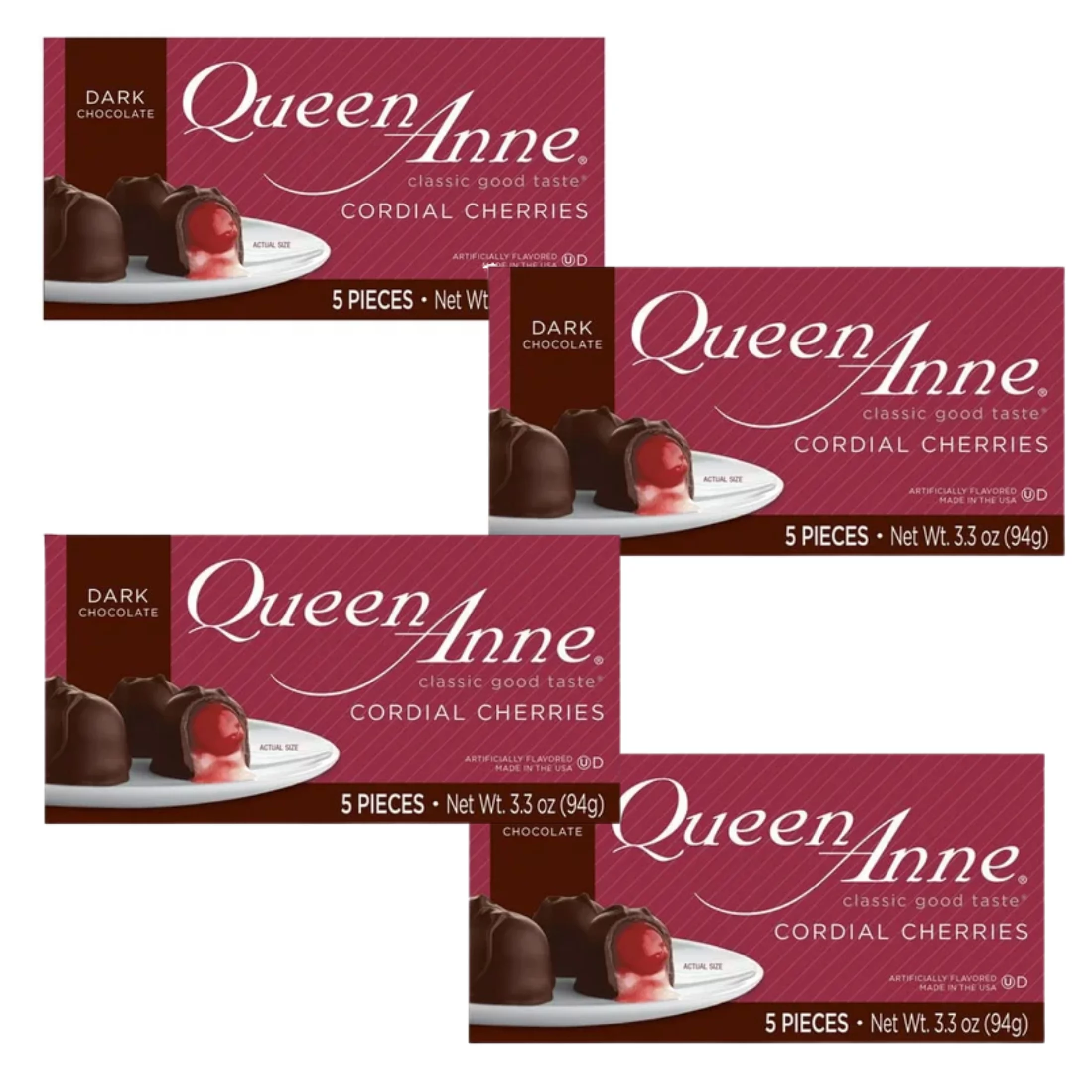 Queen Anne Dark Chocolate Cordial Cherries, 3.3 oz Box, 5 Pieces Christmas Stocking Stuffer Birthday Holiday Party Favors Prizes - Pack of 4