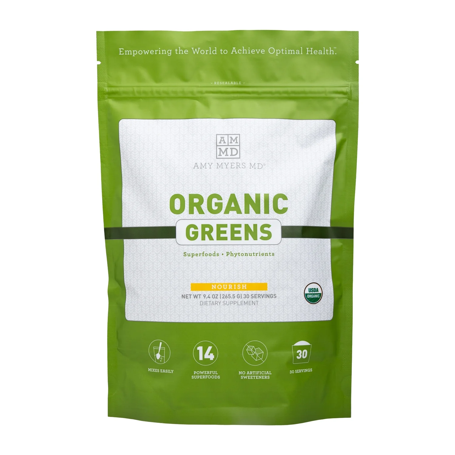 Organic Greens Powder Superfood Juice from The Myers Way Protocol - Contains 14 Powerful USDA Certified Organic Plant Foods - Spirulina, Chlorella, Barley + more, 270 Grams 30 Servings - Dr. Amy Myers