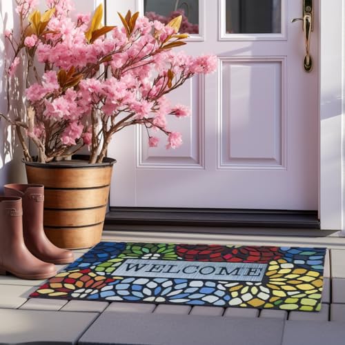 CHICHIC Colorful Welcome Mat, 18x 30 Inch Front Doormat for Home Entrance Outdoors Mat for Outside Entry Way Doormat, Heavy Duty Non Slip Rubber Back Low Profile