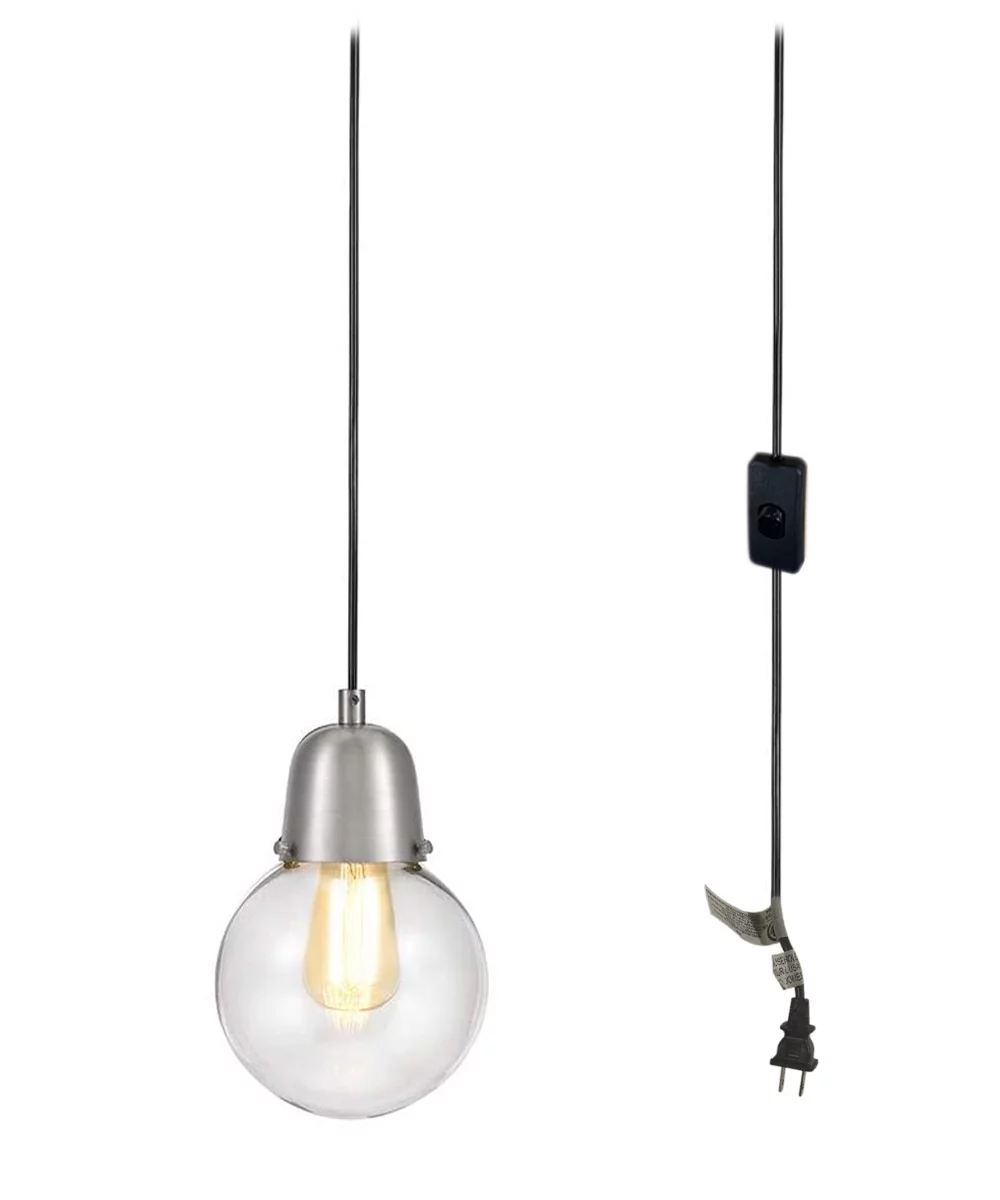 Rivet Mid-Century Modern Glass Globe Plug-In Hanging Chandelier With LED Light Bulb - 6.25 x 6.25 x 9.75 Inches, Brushed Nickel