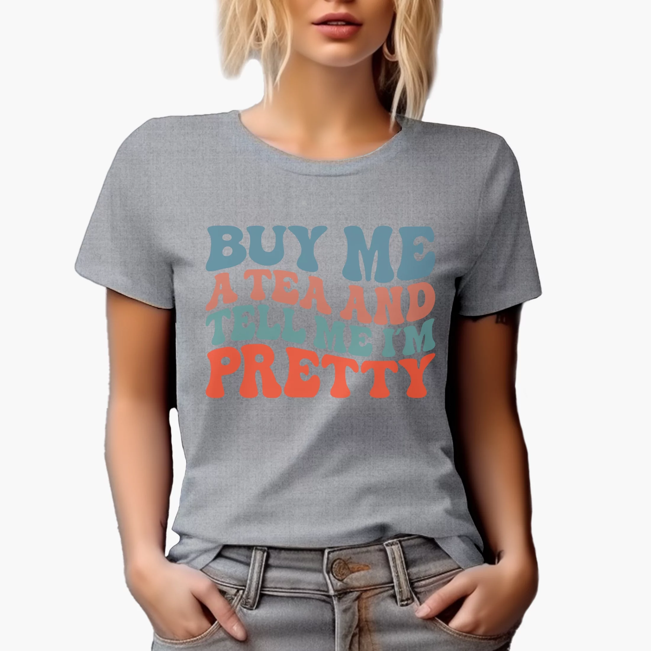 Buy Me a Tea and Tell Me I'm Pretty, Funny Tea Drinker or Lover Quote, Groovy Retro Wavy Text Merch Gift, Heather Grey T-Shirt, 2XL