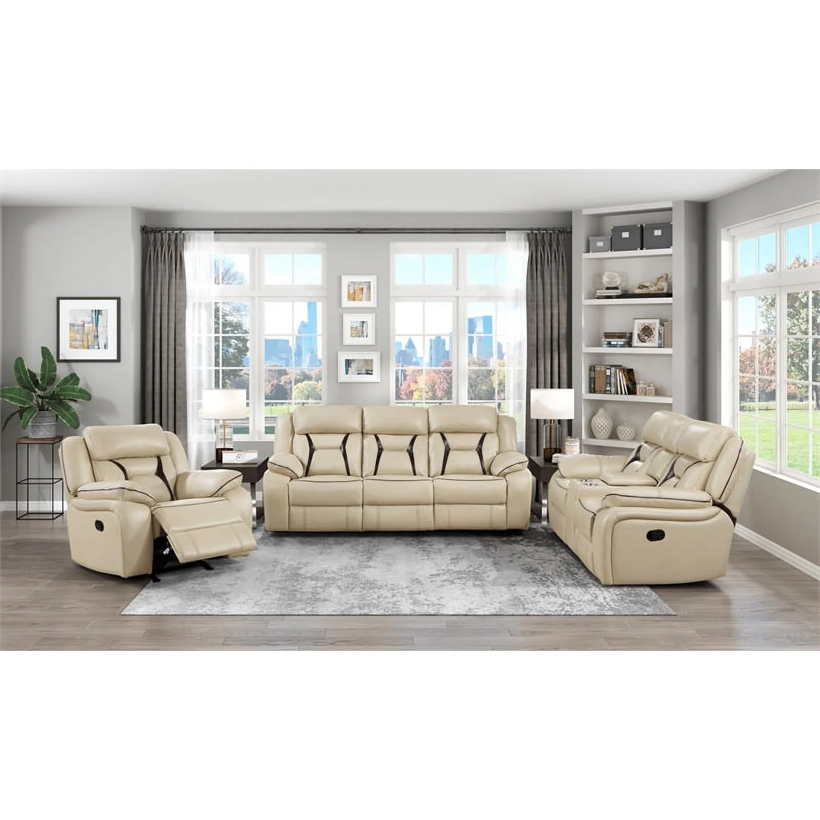Lexicon Amite Faux Leather Upholstered Double Reclining Loveseat in Beige