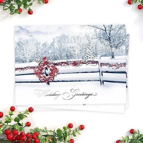 Masterpiece Holiday Greetings Trimmed In Scarlet Christmas Cards / 16 Boxed Snowy Cardinal Wreath Holiday Cards With Silver Foil Lined Envelopes / 5 5/8