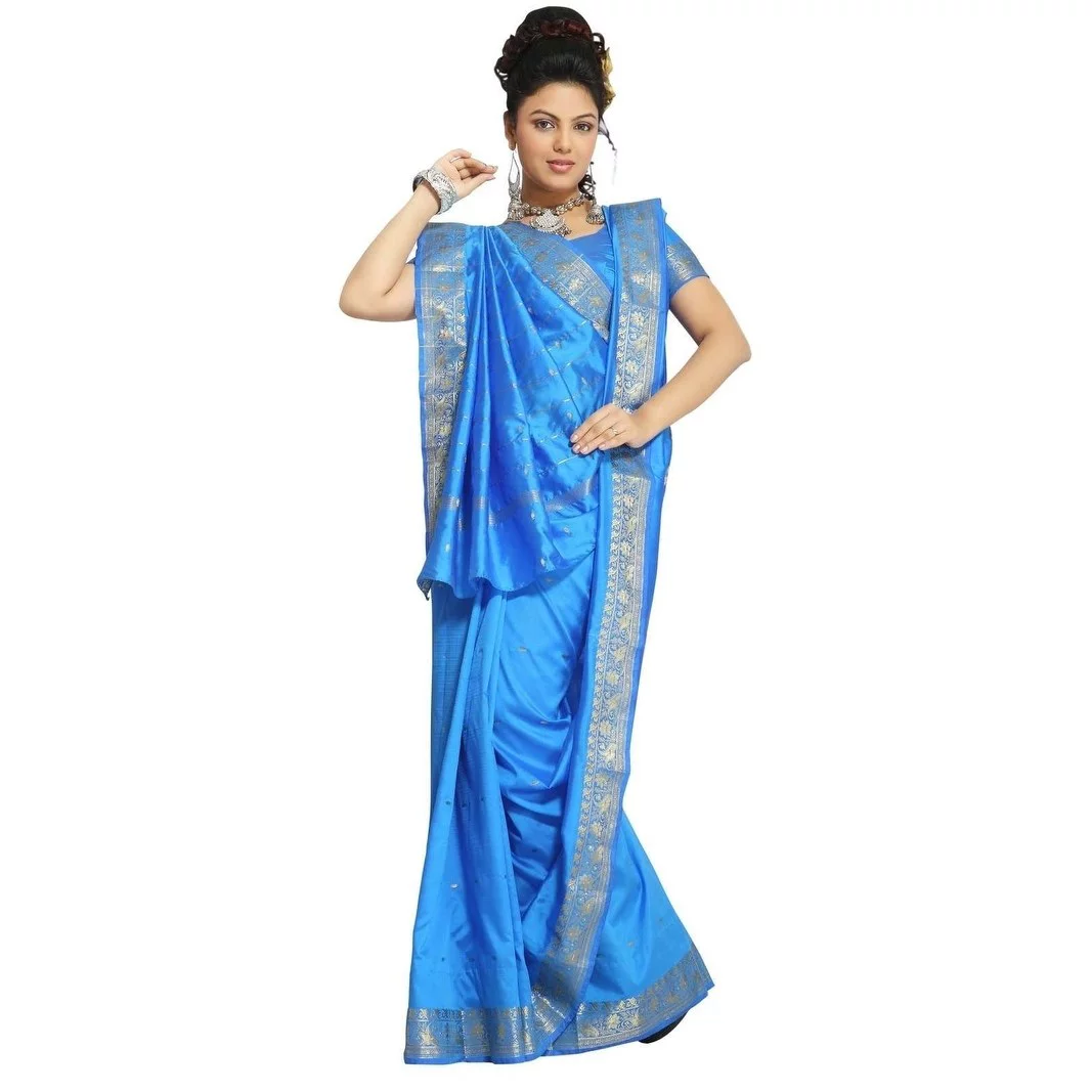 Island Blue Art Silk Saree Sari fabric India Golden Border