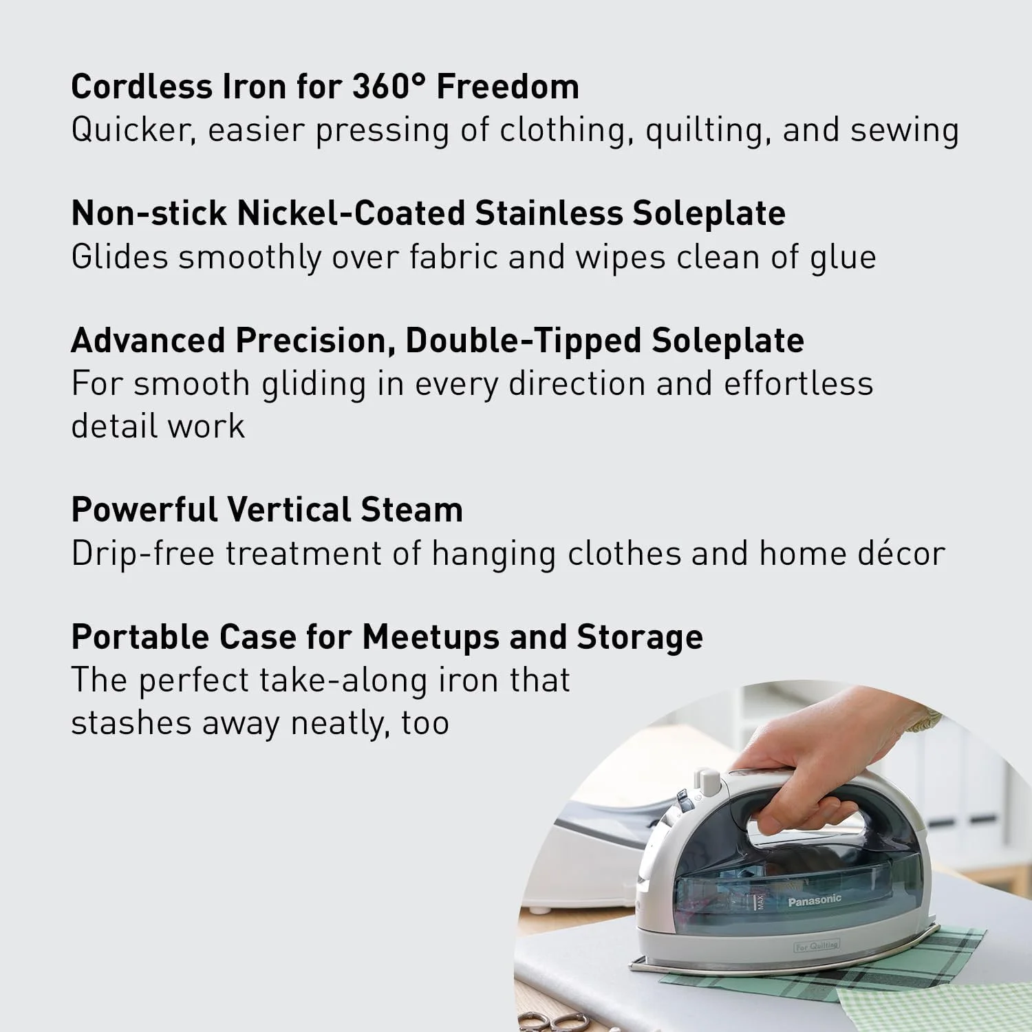 WAGEE Cordless Iron, Portable 360-Degree Freestyle Dry/Steam Iron with Precision Tips and Stainless Steel Soleplate, Anti-Calc and Anti-Drip, Power Base and Carrying/Storage - NI-QL1100L (Silver)