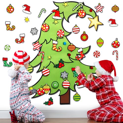 DIY Felt Christmas Tree Ornaments Wall Hanging Xmas Tree Crafts Kit Montessori Winter Holiday Decor for Toddlers Felt Board Craft Holiday Christmas Gifts for Kids Wall Detachable 30 Ornaments 3.12 FT