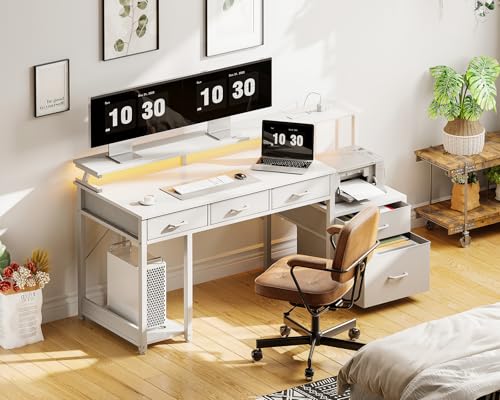 AODK 55 Inch Computer Desk with 3 Drawers and File Cabinet for Storage, Office Desk with Monitor Stand and LED Lights, Home Office Desks, Black