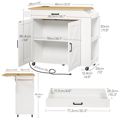 HOOBRO Kitchen Island with Drop Leaf Countertop & Power Outlet, Rolling Island Cart on Wheels, Kitchen Cart with Drawer & Spice Rack, Mobile Island Table for Kitchen, White and Natural WN86UZD01