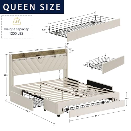 Bed Frame Queen Size with Headboard, Upholstered Platform Bedframe with 3 Underbed Storage Drawers, AC USB & Type C Charge Station,Wooden Support Slats No Box Spring Needed Easy Assembly,Beige