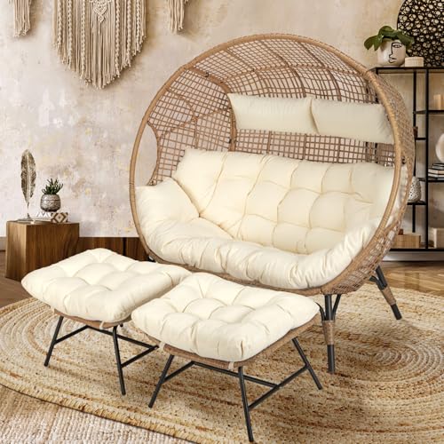 NICESOUL® Double Egg Chair Indoor Outdoor Stationary Oversized Thicken Padded Cushions, 2 Person Egg Loveseat Chair, 680 lbs Extra Large Lounge Chair for Patio Balcony Porch Backyard Gray, Xmas Gift