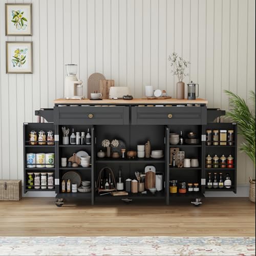 67’’ Movable Kitchen Island with Drop Leaf and Power Outlet, Lockable Sliding Countertop Rolling Island Cart with 2 Large Drawers, Spice, Towel Rack,White