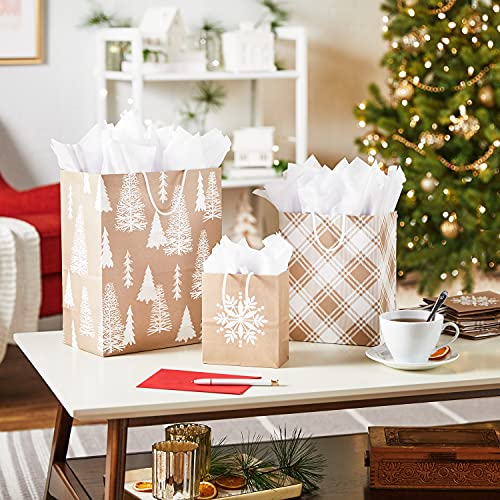 Hallmark Assorted Christmas Gift Bags, Recyclable Kraft Brown with Snowflake, Plaid and Trees (8 Bags: 3 Small 6