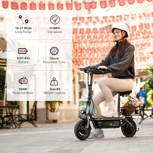 iScooter Electric Scooter with Seat, 37/21 Miles Long Range & 28/19/15.6 MPH Top Speed, 14