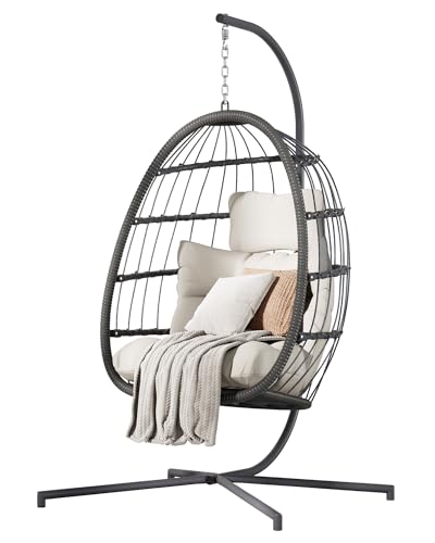 HWB Hanging Egg Chair with Stand, Patio Wicker Hammock Egg Swing Chair with Cushion for Bedroom Garden Indoor Outdoor (Beige)