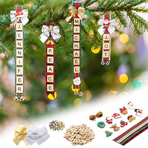 Leyzan Christmas Ornaments Tree Decorations Personalized Crafts for Girls Adults Kids Kit DIY Ribbon Letter Tiles Bells Rustic Stockings Name Tags Hanging Xmas Decor for Gifts Wreath Room Holiday