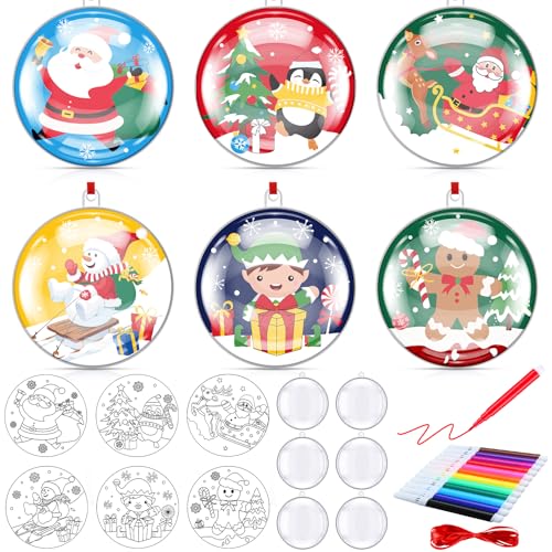 24 Sets Color Your Own DIY Plastic Christmas Bulb Ornament Kits with Snowman Santa Claus Pattern Bulbs Hanging Ornaments Craft Kits for DIY Xmas Tree Decoration