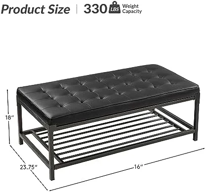 KHBIULIFE Tufted Coffee Table Ottoman with 2-Tier    Metal Rectangle Coffee Table with Leather Padded Seat for Living Room  Large Upholstered Cocktail Table with   Black