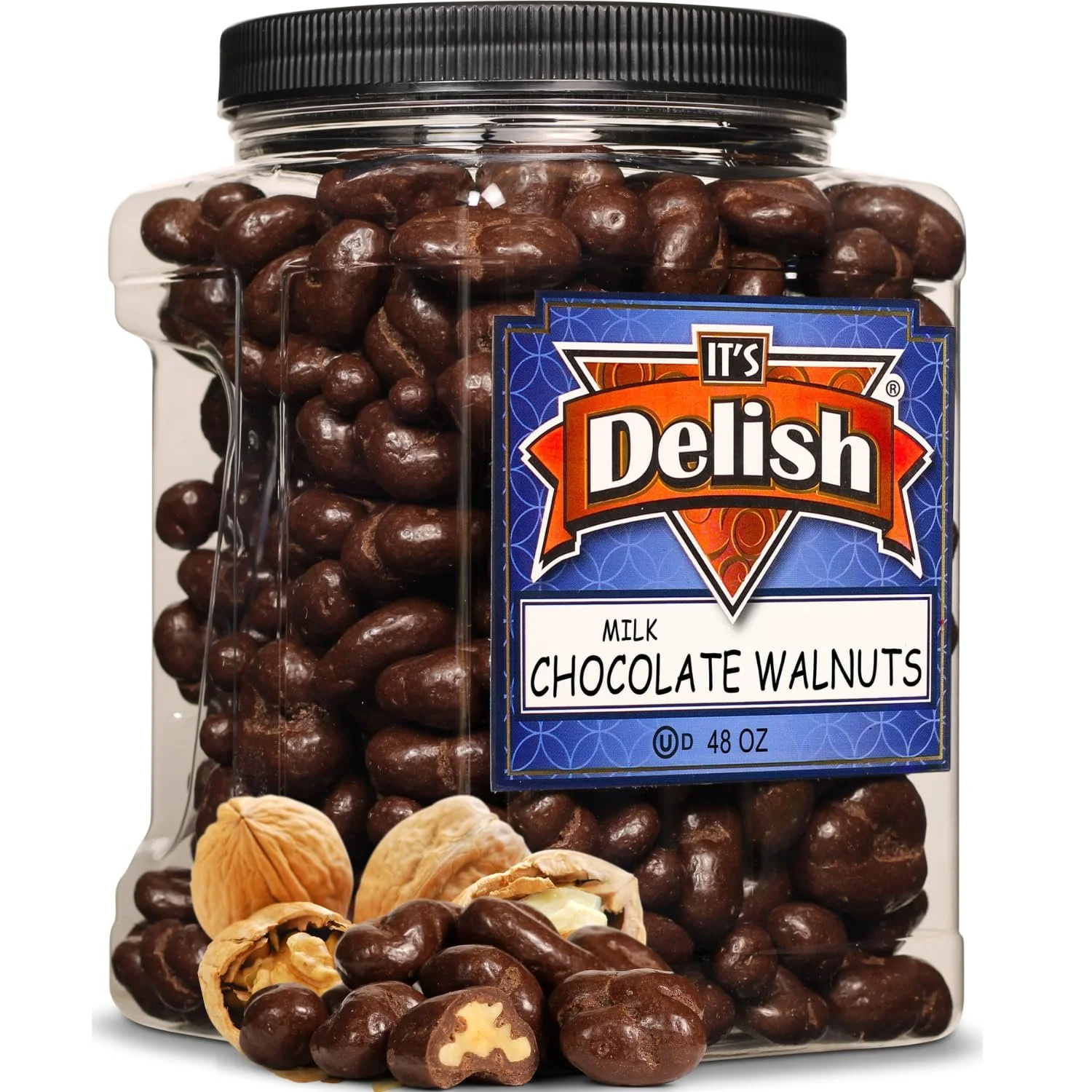 Milk Chocolate Covered Walnuts by It's Delish, 48 oz Jumbo Container Candy Nuts, Dairy Kosher Snacks