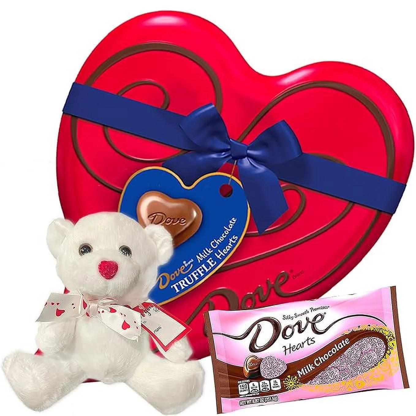CANDYMAN Valentine Day Bundle with (1) DOVE Milk Chocolate Candy Heart Tin, (1) Milk Chocolate DOVE Bag and (1) White Teddy Bear