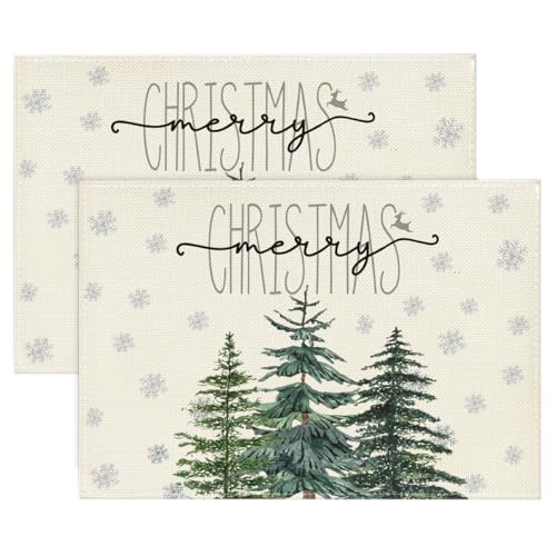 Artoid Mode Beige Pine Tree Snowflake Merry Christmas Placemats Set of 4, 12x18 Inch Seasonal Winter Xmas Holiday Table Mats for Party Kitchen Dining Decoration