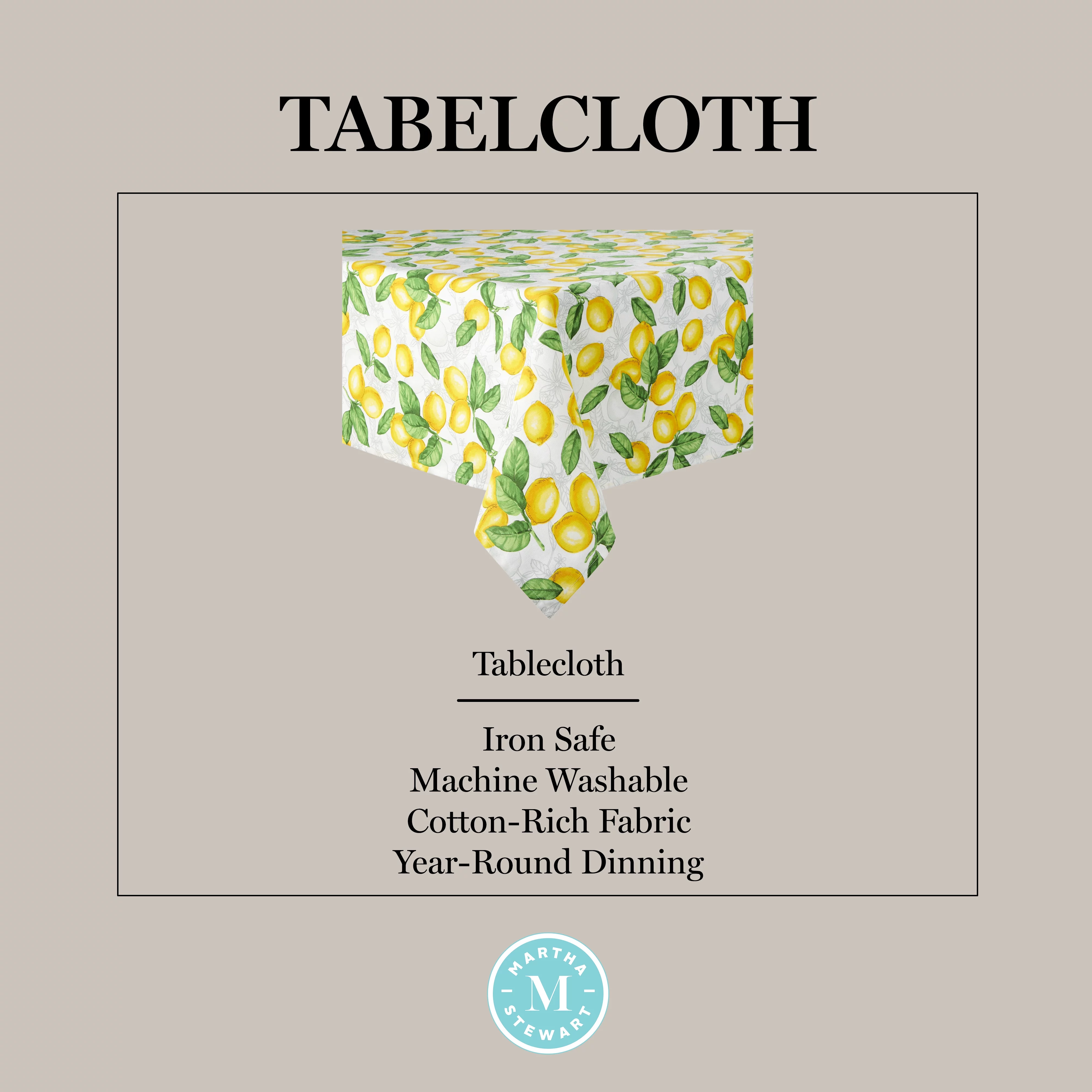Martha Stewart Lots of Lemons Fabric Tablecloth Single Pack, White/Yellow, 60