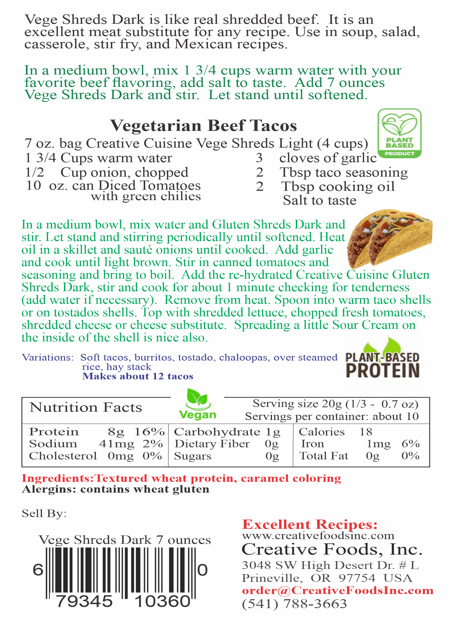 Vege Shreds Dark, Veggie Meat, Shredded Beef, Shredded Dark Meat , 6-7 oz bags, FREE SHIPPING
