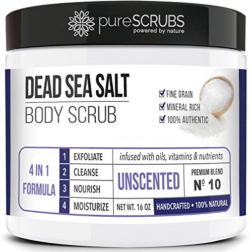 pureSCRUBS Premium Eucalyptus Body Scrub Set - Large 16oz Dead Sea Salt Body Scrub With Infused Essential Oils & Nutrients, Includes Wooden Spoon, Loofah & Oatmeal Exfoliating Bar Soap
