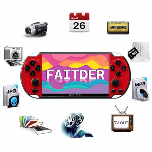 FAITDER X7Plus 5.1-inch Linux System Portable Retro Handheld Video Game Console, Built-in 10500+ Free Games PS1/GBC/GBA/FC/MD/Arcade, Dual Stick Game Console，Kids Gift（Red & Yellow）
