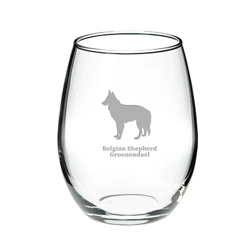 Belgian Shepherd Groenendael Deep Etched Stemless Red Wine Glass