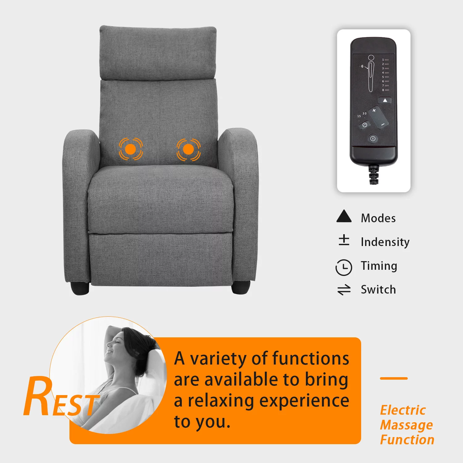 Vineego Fabric Single Massage Recliner Chair with Thick Seat Cushion and Backrest, Gray Fabric, Gray