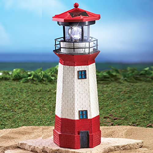 Jumbl Solar Nautical Lighthouse Statue with Spinning Light, Ocean and Beachhouse Inspired Decor, Red