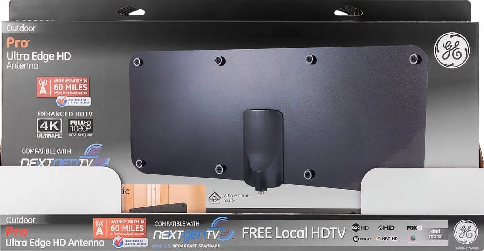 GE Ultra Edge Outdoor HDTV Antenna, 60-mile Range, VHF UHF 1080P 4K, Black, 54083