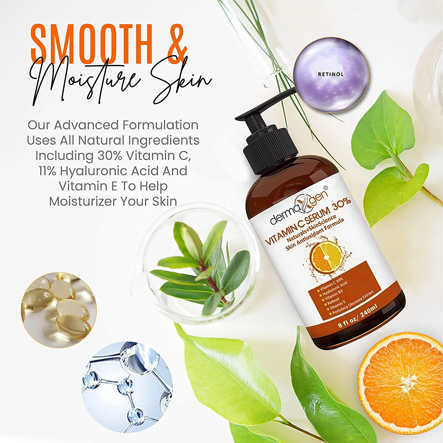 Dermaxgen 30% Vitamin C Face Serum (8 Fl Oz) Pure Organic Anti- Wrinkle + Hyaluronic Acid + Retinol + Vitamin E + Vitamin B, Facial Serum For Anti-aging, Wrinkles, And Fine Lines