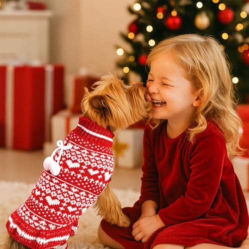 Dog Christmas Sweater Dress with Leash Hole Turtleneck Xmas Girl Dog Clothes Soft Pet Dogs Outfits Warm Fall Winter Puppy Knitted Pullover for Small Medium Dogs Cats（Red Heart,Small