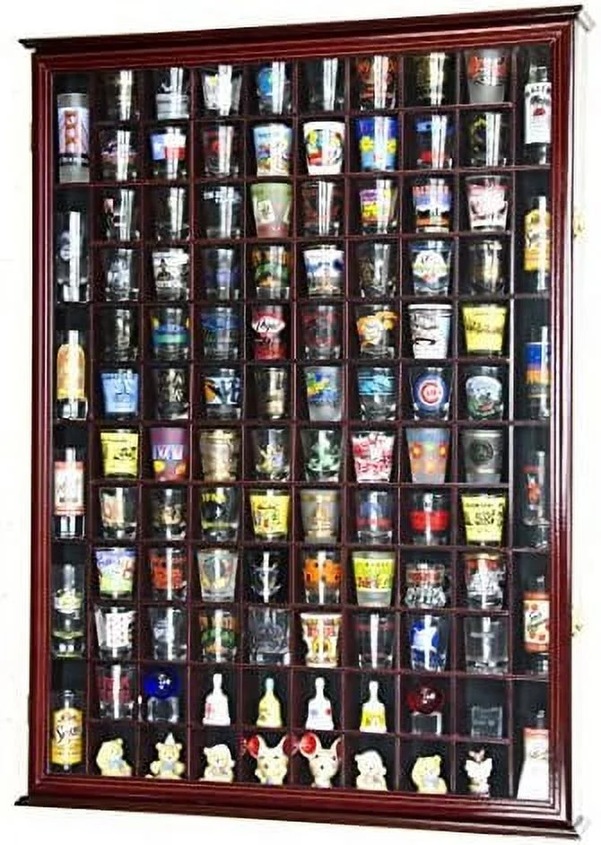 108 Shot Glass Shotglass Shooter Display Case Holder Cabinet Wall Rack 98% UV Lockable Door -Cherry