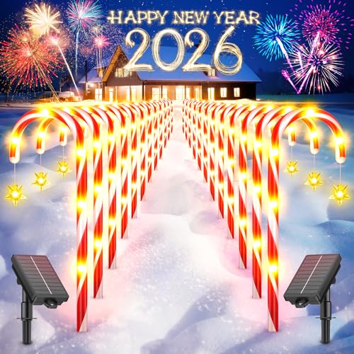 12 Pack Christmas Decorations Outdoor Solar Candy Cane Lights, Solar Christmas Pathway Lights with USB Charge, 10 Modes 72 LEDs Waterproof Outdoor Christmas Decorations for Garden Yard Pathway