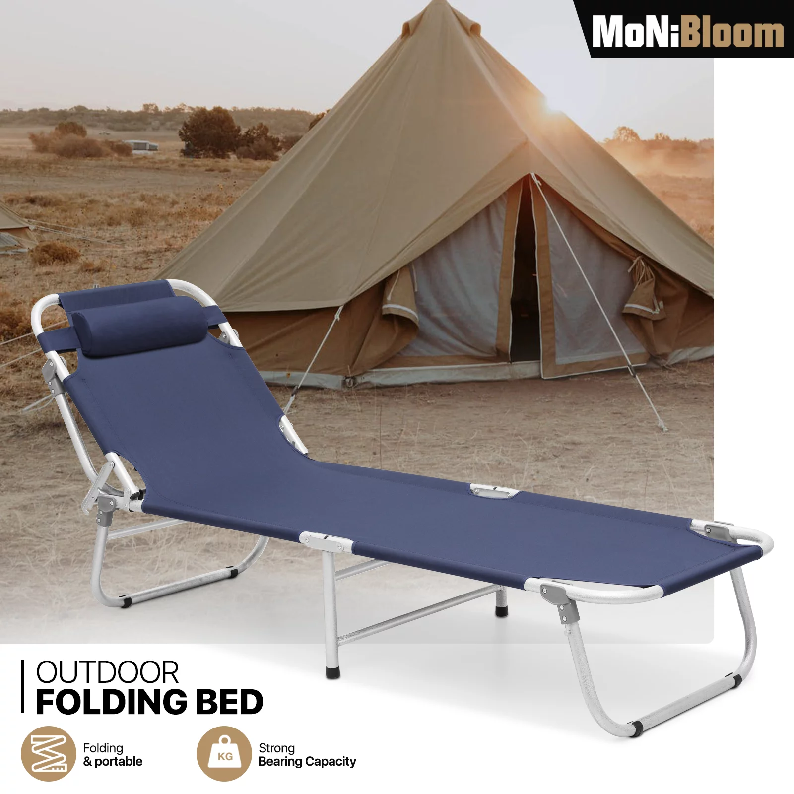 MoNiBloom Portable Folding Bed Reclining Lounger Camping Cot Adjustable 4-Position Lightweight with Pillow and Carry Bag for Sleeping, Outdoor, Travel, Navy Blue
